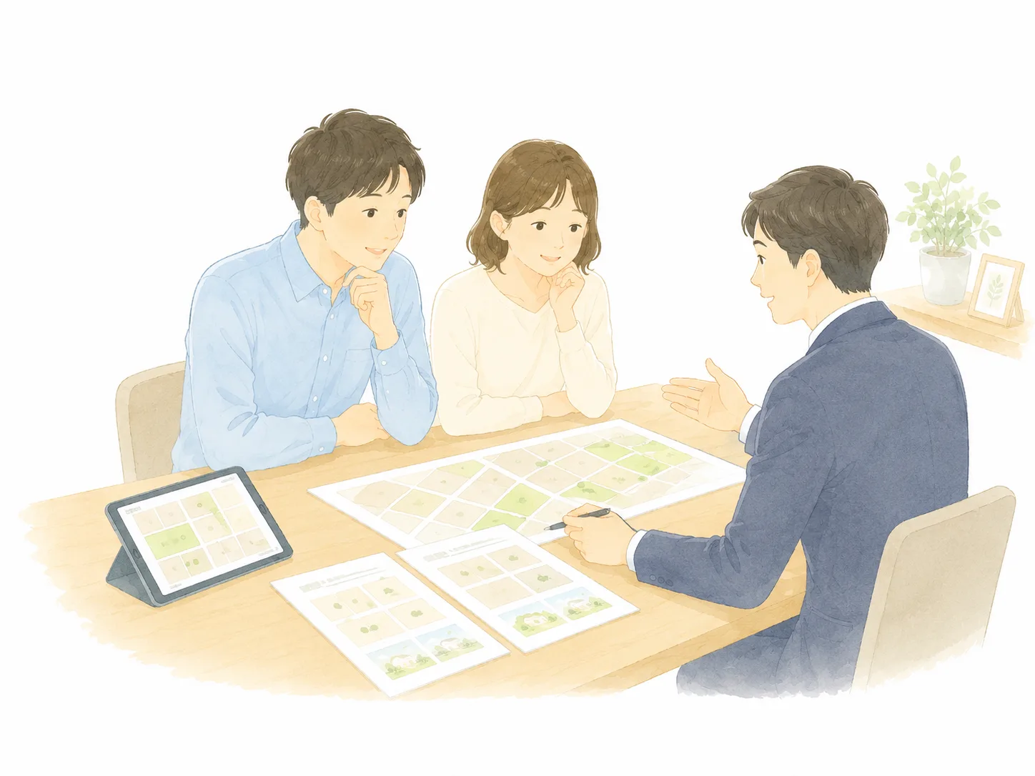 希望する土地や住まいを相談しているイラスト